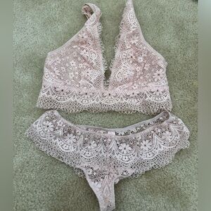 Lace Bralette & Bikini Set - Light Blush